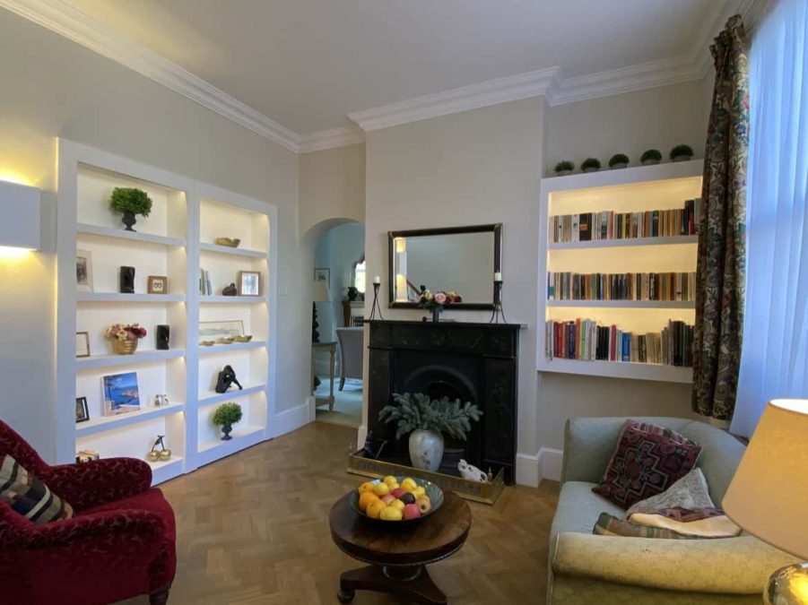 alcove bookcase with lights